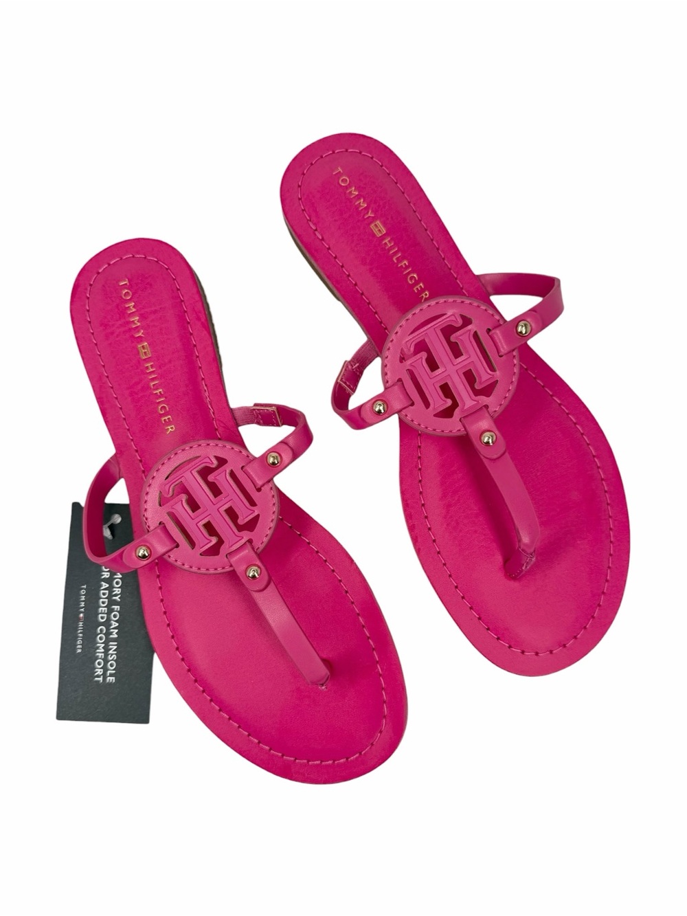 Tommy Hilfiger Litzy Logo T-Strap Flat Sandals Pink Size 7M